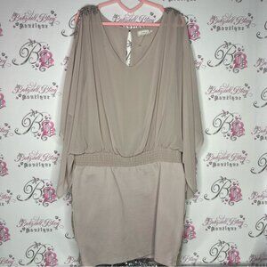 Cream dress bat wing open shoulder cold shoulder sparkly sequin tan flowy luxe